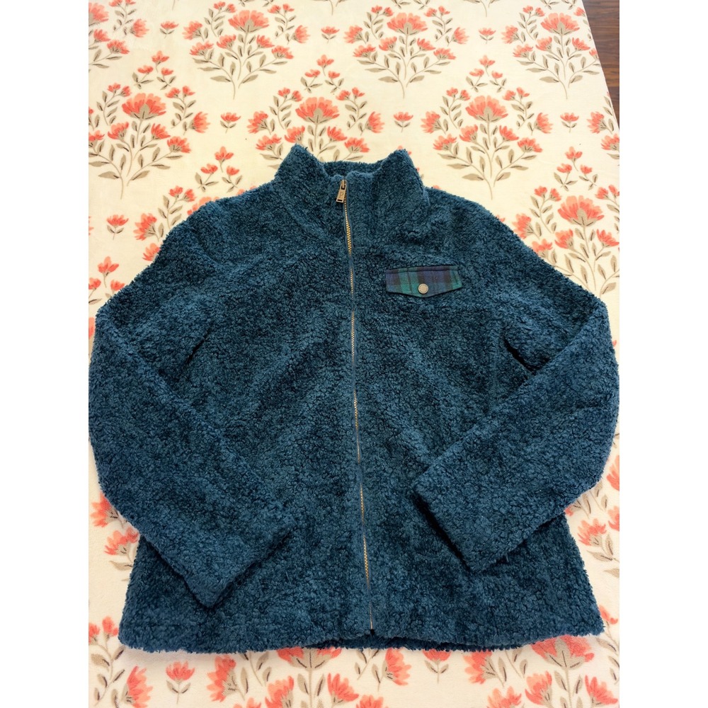 Pendleton Mens Teal Blue High Pile Fleece Full Zip Plaid Accent Jacket Large